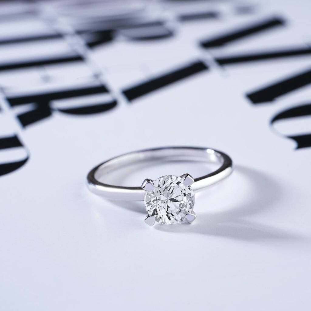 close up shot of a diamond ring on a white surface